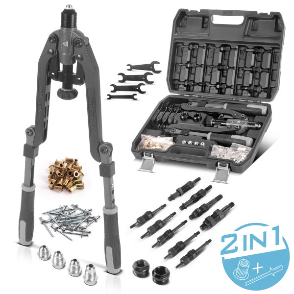 Stahlwerk 2 in 1 Blindnietzangen- und Nietmutternzangen-Set mit Zubehör im Transportkoffer, inklusive Blindnieten und Nietmuttern.