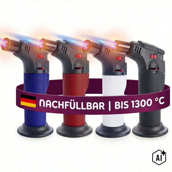 Vier nachfüllbare Gasbrenner mit Flamme, einstellbar bis 1300 Grad Celsius.