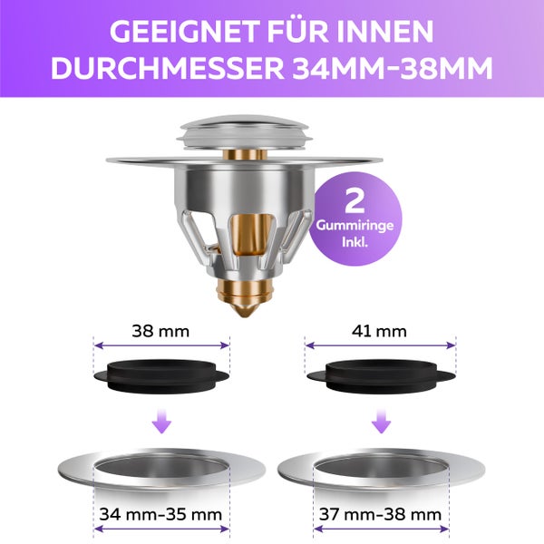 Waschbeckenstöpsel geeignet für den Innenbereich, Durchmesser 34 bis 38 Millimeter, inklusive zwei Gummiringe