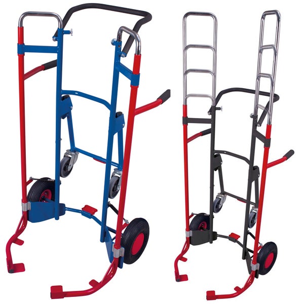 Blau-roter und schwarz-roter Gasflaschenwagen aus Stahl für den Transport von Gasflaschen, ausgestattet mit Luftreifen und Lenkrollen.