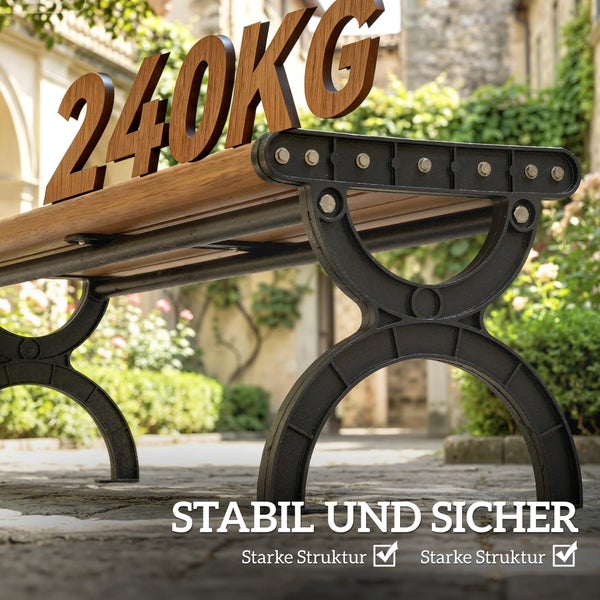Gartenbank mit Holzoberfläche und Metallgestell, Belastbarkeit 240 Kilogramm, stabil und sicher.