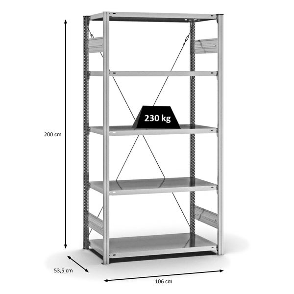 PROREGAL Fachbodenregal Stecksystem T-Profil Medium-Duty Grundregal HxBxT 200 x 100 x 50 cm 5 Ebenen Fachlast 230 kg Einseitig Nutzbar Verzinkt