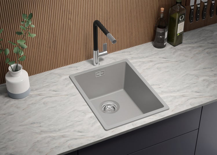 PRIMAGRAN Spülbecken Grau 36x47cm, Granitspüle 1 Becken + Ablauf-Set, Küchenspüle ab 40er Unterschrank - London Slim