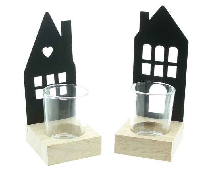 FRANK FLECHTWAREN | Windlicht Haus, 2er Set, METALL, HOLZ, GLAS, 8 x 7 x 15 cm, 8 x 7 x 16 cm