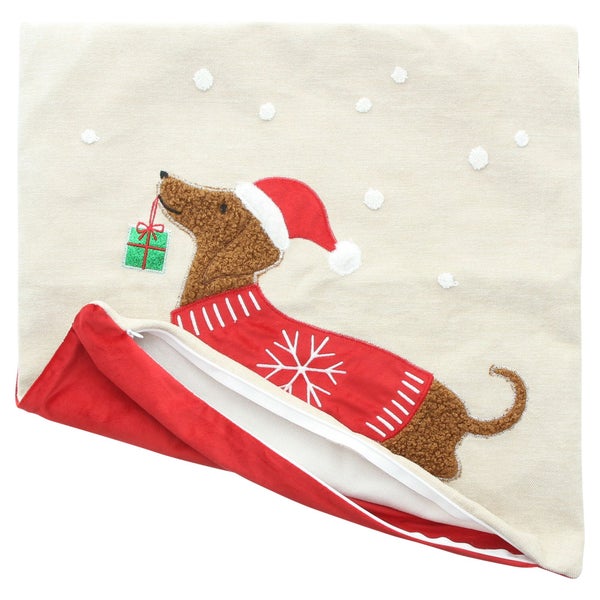 Weihnachtskissenbezug mit Dackel Motiv, gesticktem Weihnachtsmannhut, Pullover und Geschenk, mit Reißverschluss