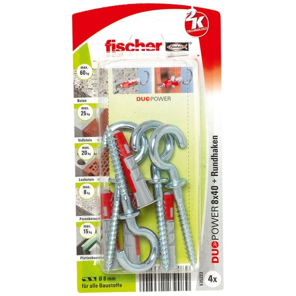 Fischer Dübel Duopower 8x40 mit Rundhaken, Viererpackung