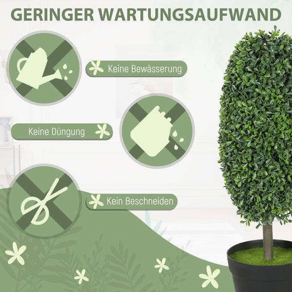 Dekorative Buchsbaumkugel im Topf mit Hinweisen zu geringem Wartungsaufwand: kein Gießen, kein Düngen, kein Beschneiden