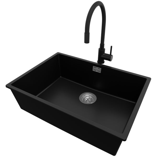 PRIMAGRAN Unterbauspüle Granit Schwarz 66x47cm, Spülbecken 1 Becken + Küchenarmatur 40x38cm + Ablauf-Set, Granitspüle ab 70er Unterschrank - London