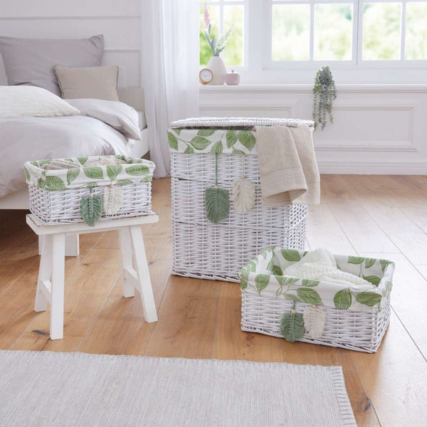 FRANK FLECHTWAREN | Korbset Blätter, 3tlg., Wäschekorb 47 x 35 x 55 cm, Füllkörbe 34 x 25 x 15 cm, 40 x 31 x 17 cm, WEIDE, TEXTIL, KUNSTLEDER,