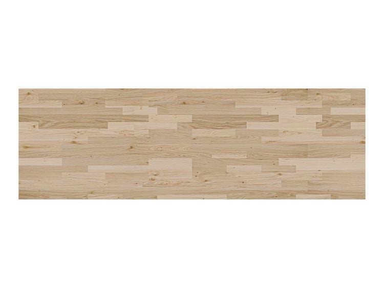 Arbeitsplatte aus massivem Eschenholz, keilgezinkt, mit natürlicher Holzmaserung.