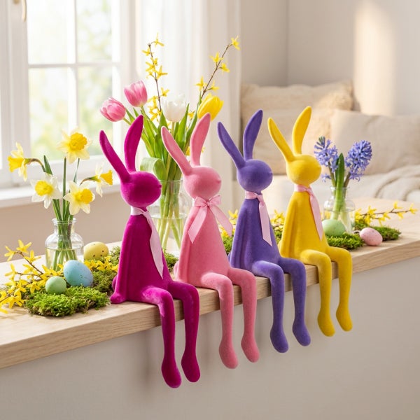 Osterdekoration mit vier sitzenden Hasenfiguren, frühlingshaften Blumen in Glasvasen und bemalten Eiern auf einem hölzernen Fenstersims.