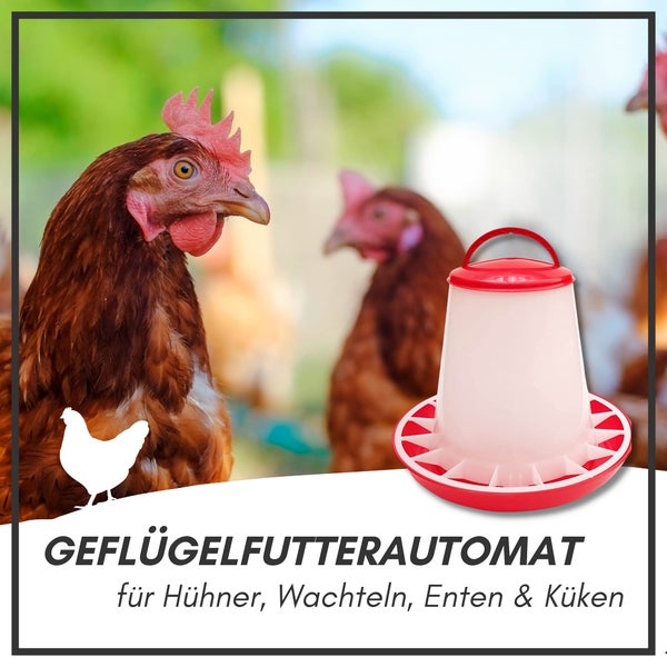 Geflügelfutterautomat aus Kunststoff für Hühner, Wachteln, Enten und Küken mit Tragegriff und Fressgitter.