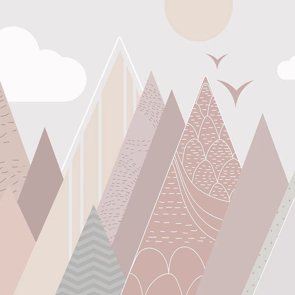 Kinderzimmertapete mit stilisierten Bergen, Wolken und Vögeln im skandinavischen Design mit verschiedenen grafischen Mustern.