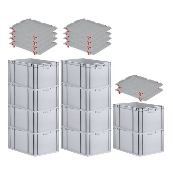 PROREGAL SparSet 10x Eurobox NextGen Grip mit Auflagedeckel mit 4 Roten Schiebeschnappverschlüssen HxBxT 32 x 40 x 60 cm 65 Liter