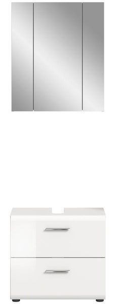 Badezimmer-Set aus dreitürigem Spiegelschrank und weißem Waschbeckenunterschrank mit zwei Schubladen.
