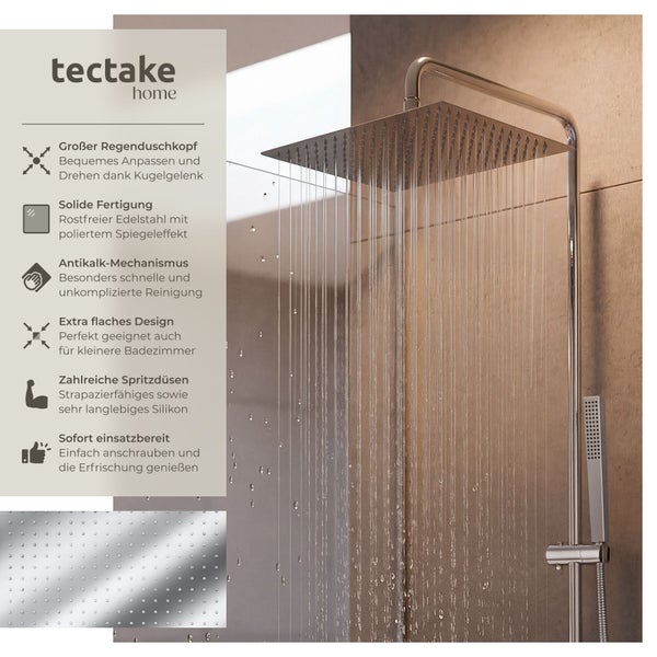 tectake home Regenduschkopf aus Edelstahl, quadratisch und extra flach, mit Silikon-Düsen, Antikalk-Funktion und verstellbarem Kugelgelenk.