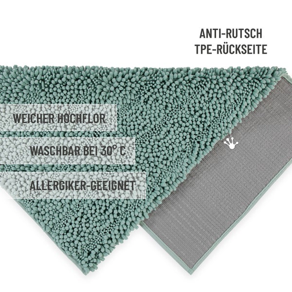 Weicher Hochflor-Badeteppich mit rutschhemmender TPE-Rückseite, waschbar bei 30 Grad und für Allergiker geeignet.
