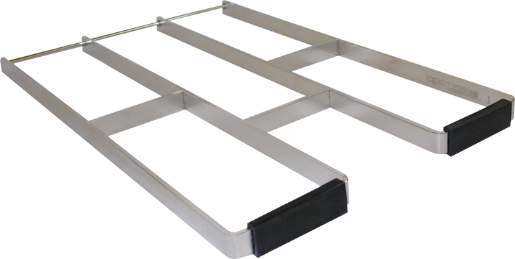 Auszugrahmen aus Edelstahl für Schubladen mit schwarzen Endkappen.