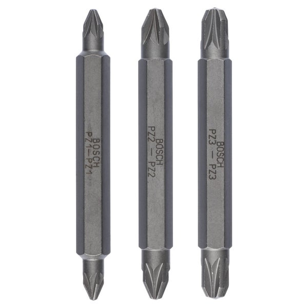 Drei Bosch Pozidriv-Bits der Größen PZ1, PZ2 und PZ3