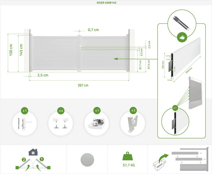 EIGER 400B140 Gartenzaun-Bausatz mit Maßangaben und Details zu Zubehör und Montage