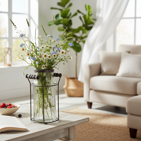Wildblumenstrauß in Glasvase mit Metallgestell auf Holztisch in hellem Wohnzimmer mit Sofa und Zimmerpflanze.
