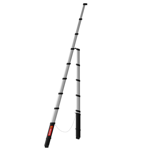 Telesteps teleskopierbare Stabilisierung für Leitern aus Aluminium mit schwarzen Kunststoffmanschetten, Telesteps Logo.