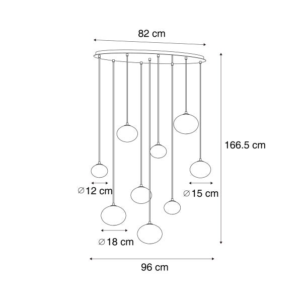 Abmessungen einer Pendelleuchte mit mehreren runden Lampenschirmen an unterschiedlichen Aufhängungen, Gesamtbreite 82 cm, Gesamtlänge 166,5 cm
