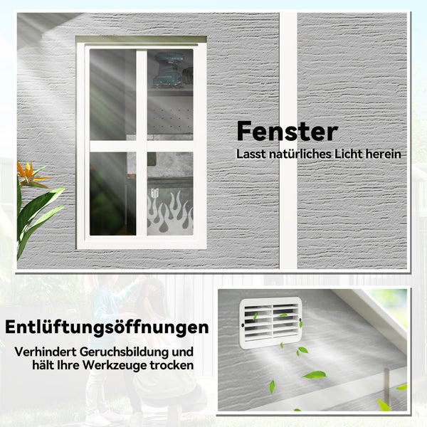 Illustration eines Gerätehauses mit Fenster und Belüftungsöffnungen für natürliche Beleuchtung und Geruchskontrolle.