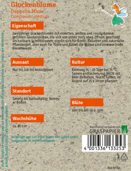 Rückseite einer Samentüte für Glockenblume Doppelte Marie mit Informationen zu Aussaat, Standort und Pflege.