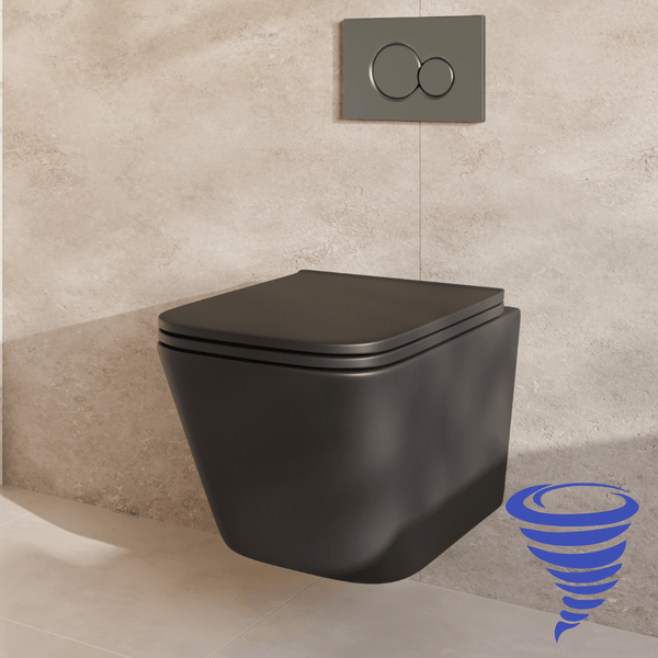 Hängendes Wand-WC mit Spülkastenbetätigungsplatte vor einer gefliesten Wand