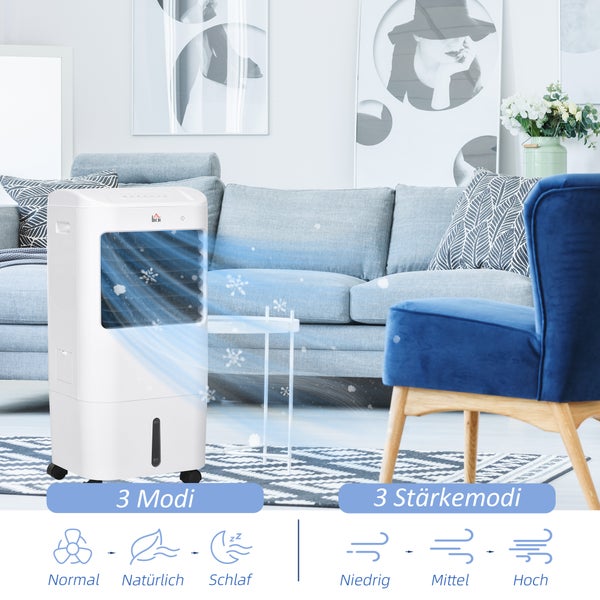 HOMCOM 3 in 1 Mobile Klimaanlage mit Luftbefeuchtung Wasserkühlung 15L 60° oszillierendes Klimagerät Luftkühler mit 7,5h Timer, Fernbedienung, LED-Anzeige, für 20 ㎡ Weiß 37 x 32 x 78 cm