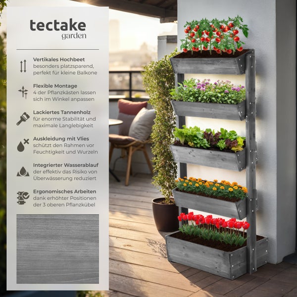 Vertikales Hochbeet aus lackiertem Tannenholz mit fünf Ebenen auf Terrasse. Platzsparend, ergonomisch, mit Wasserablauf. Tectake Garden Logo.