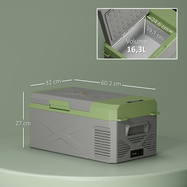 Outsunny 16,3 Liter Kompressor Kühlbox elektrische Kühlbox mit Anschluss ECO Modus Kühlhaltefunktion Gefrierbox Thermobox Mini Kühlschrank 12/220 Volt für Auto Steckdose LKW Camping Boot Grau+Grün