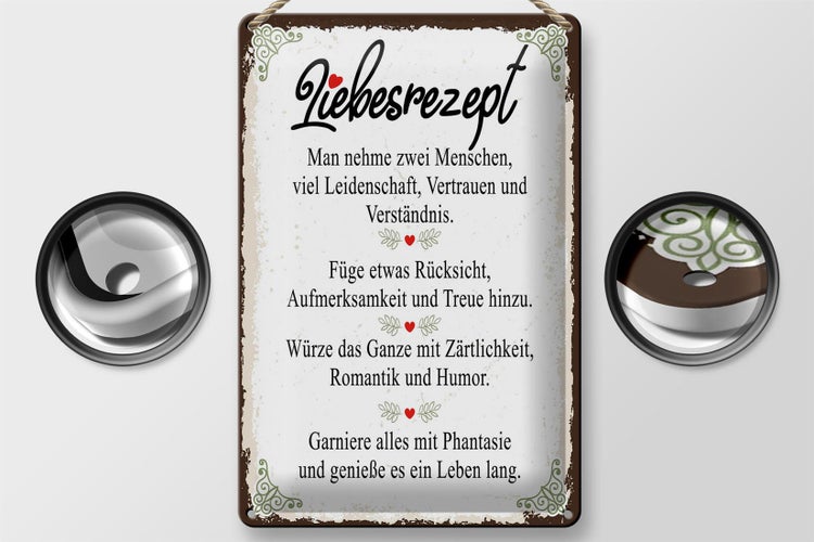 Blechschild Spruch Liebesrezept man nehme 2 Menschen 20x30cm