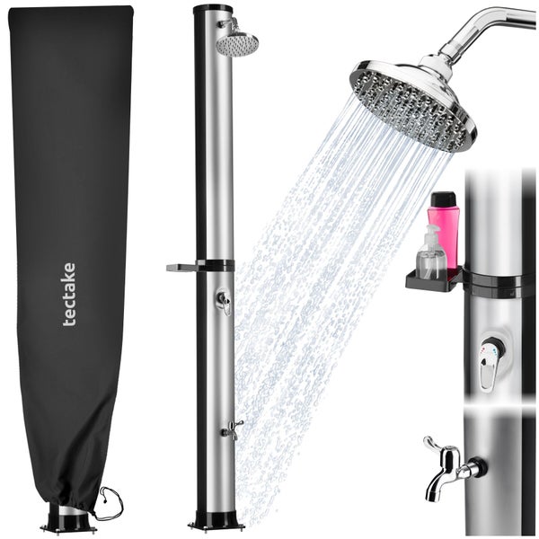 Solardusche für den Garten mit Regenduschkopf, Fußbrause, Ablagefach und schwarzer Schutzhülle mit tectake Logo.