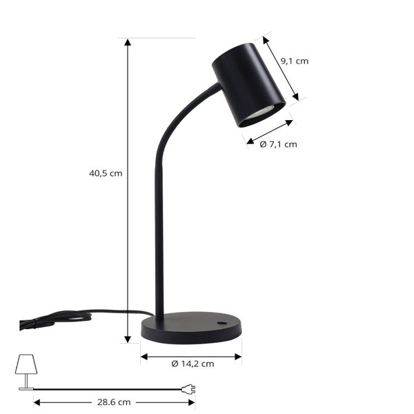 Schwarze Schreibtischlampe mit Maßangaben: Höhe 40,5 Zentimeter, Fuß Durchmesser 14,2 Zentimeter, Kopf Durchmesser 7,1 Zentimeter.