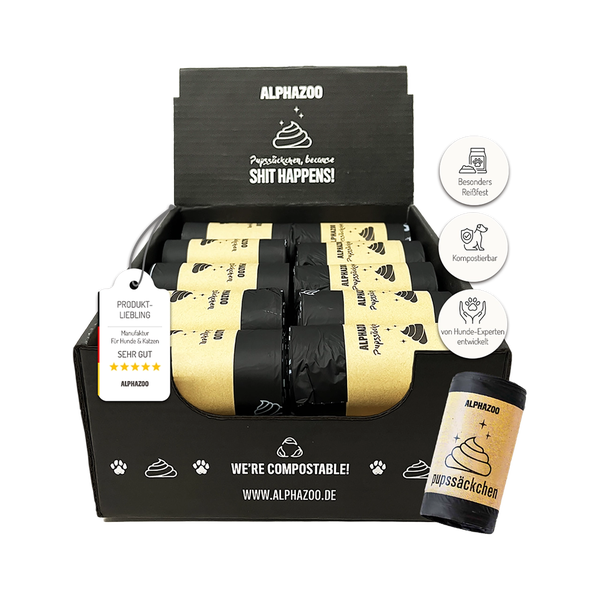 Alphazoo Hundekotbeutel im Spenderkarton mit Hinweisen zu Reißfestigkeit und Kompostierbarkeit
