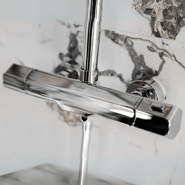 EcoRain Thermostatarmatur Glenn 15 CM Anschlussabstand - Messing & Keramikscheiben - Bad- & Duscharmatur - Universeller Anschluss - Korrosionsbeständig - Cooltouch - Chrom