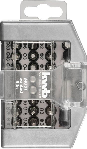kwb Most Wanted Bit-Box  32-tlg inkl. Bits, Schnellwechsel-Bithalter mit Magnet in stabiler Kunststoff-Box mit Gürtelclip