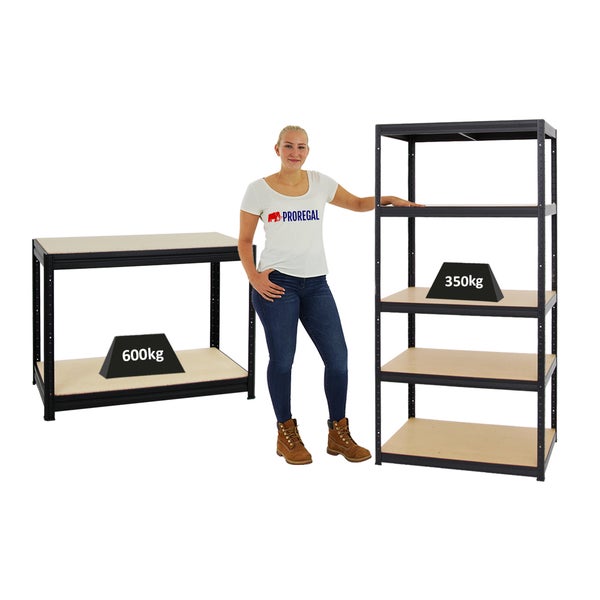 PROREGAL Mega Deal 1x Schwerlastregal Slim Elephant M HxBxT 180 x 90 x 60 cm & 1x Höhenverstellbare Werkbank Slim Dino HxBxT 90 x 120 x 60 cm Schwarz