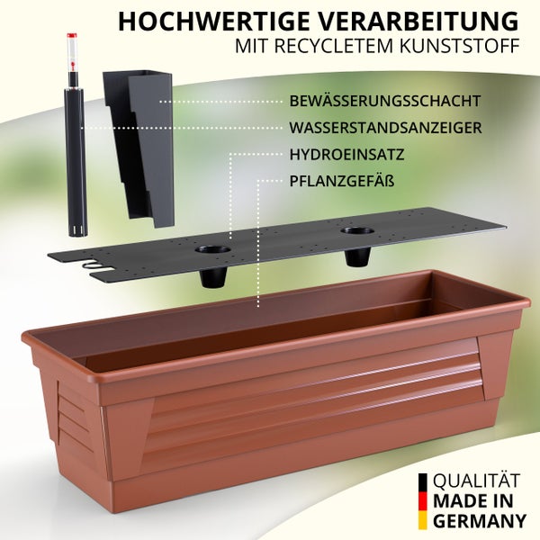 Balkonkasten-System aus recyceltem Kunststoff mit Bewässerungsschacht, Wasserstandsanzeiger, Hydroeinsatz und Pflanzgefäß.
