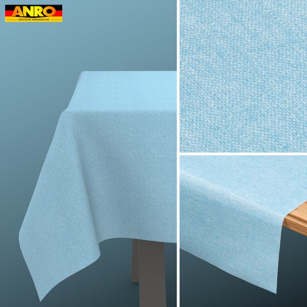 Abwaschbare Tischdecke mit melierter Textur von ANRO, Detailansicht der Oberfläche und ANRO Logo.