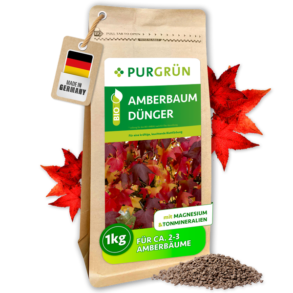 Eine Packung Purgrün Amberbaum Dünger mit einem Kilogramm Inhalt und zugesetztem Magnesium sowie Tonmineralien für Amberbäume.