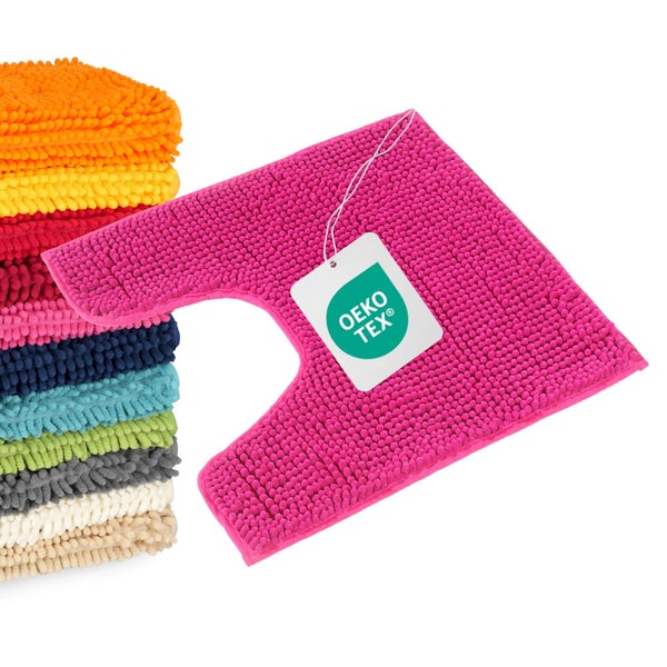 Toilettenvorleger mit Ausschnitt aus Mikrofaser-Chenille, Oeko-Tex zertifiziert, Stapel verschiedenfarbiger Badematten.