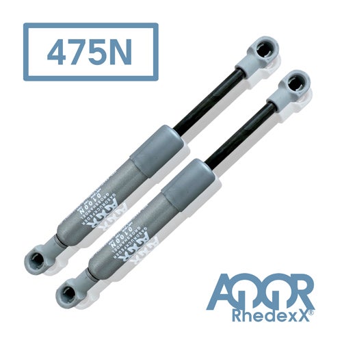 Zwei Gasdruckfedern mit einer Kraft von 475 Newton, AGOR Rhedexx Logo.