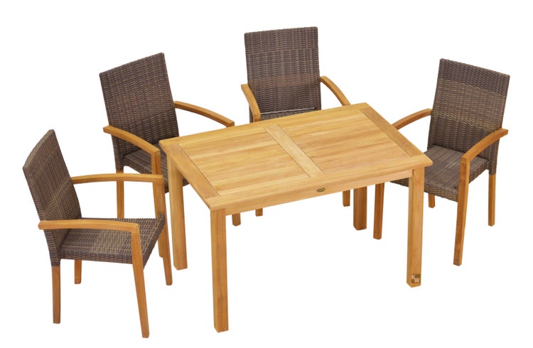 Teak Sitzgruppe 4 Stapelstühle 1 Teak Tisch 120 x 80 cm als premium Set