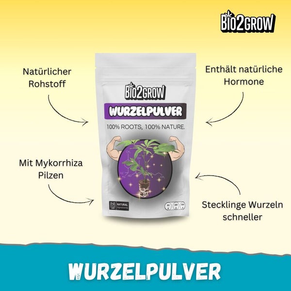 Bio2Grow Wurzelpulver Packung mit Informationen zu Inhaltsstoffen und Vorteilen