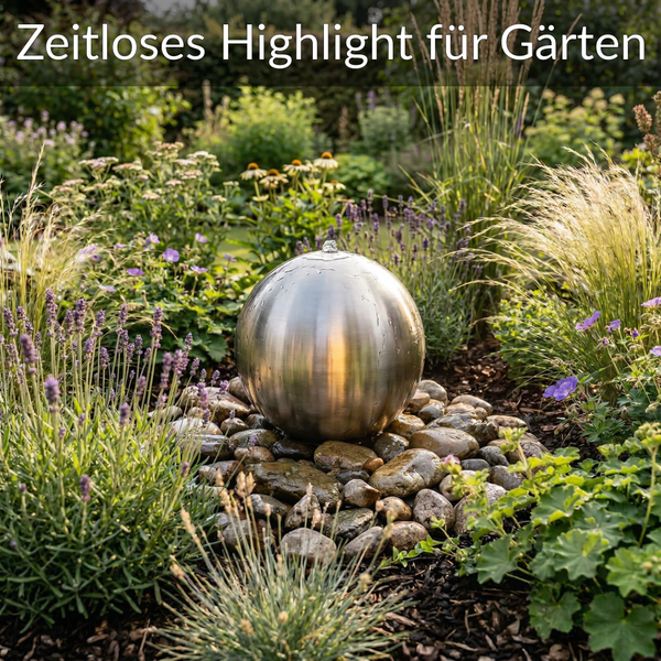 Edelstahlkugelbrunnen in einem Gartenbeet mit Flusssteinen, umgeben von Lavendel und Gräsern.