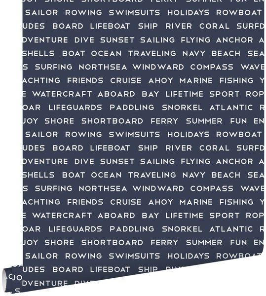 ESTAhome Tapete maritime Strandtexte Dunkelblau - 53 cm x 10.05 m - 138961