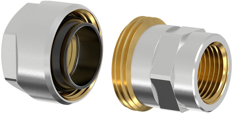 Zweiteilige Verschraubung aus Metall mit Messinggewinde und schwarzer Innendichtung für Sanitärinstallationen.